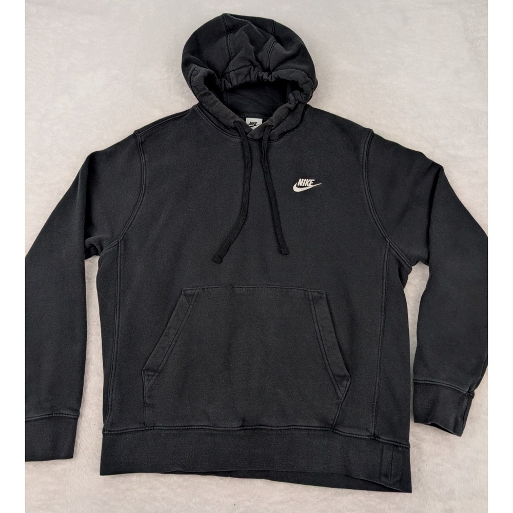 Nike Hoodie Men's M Black Pullover White Embroidered Swoosh Kangaroo Pocket